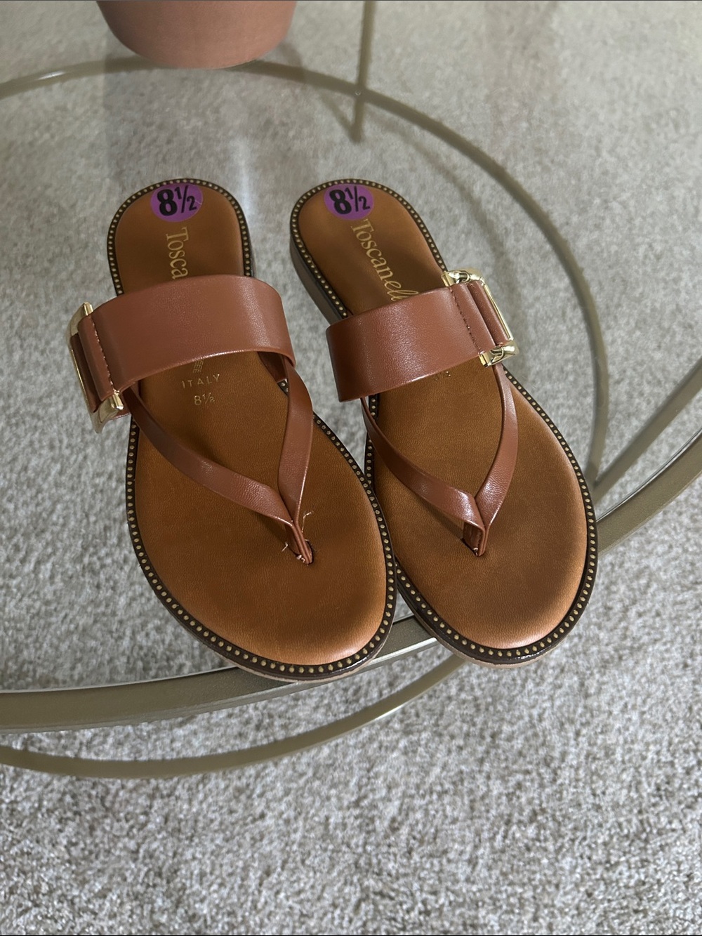 Tan Leather Slide Sandals with Gold Buckle - Women